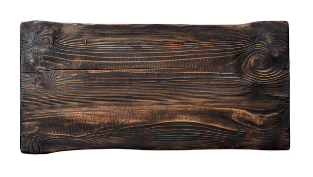 A rustic wooden plank with rich dark tones and visible grain patterns. ideal for culinary presentations or as a decorative backdrop in a cozy kitchen setting