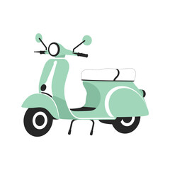 Retro mint green scooter with white seat and black accents isolated on white background