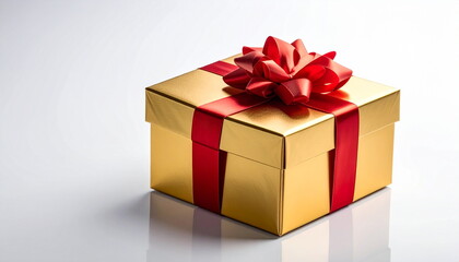 Obraz premium Golden Gift Box with Red Ribbon Isolated on White