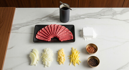 An Elegant Knolling Layout of Mongolian Beef Ingredients in a Modern Gulf Kitchen