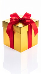 Obraz premium Golden Gift Box with Red Ribbon Isolated on White