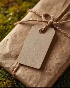 Wrapped gift with tag and twine on green moss
