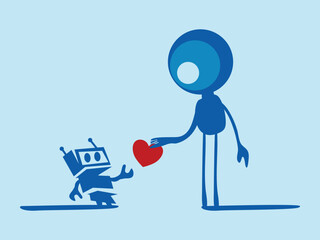 Alien Gives Heart to Robot Illustration, Cute Sci Fi Love Concept Digital Artwork