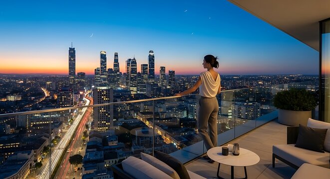 A woman stands on a modern balcony, gazing at a cityscape during twilight, enjoying a panoramic view of a bustling city.