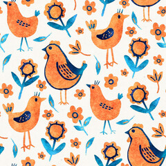 Seamless pattern with watercolor birds  in doodle style.   Hand-drawn illustration.