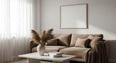 Modern living room interior with a beige sofa, a coffee table, a vase with dried flowers, and a square frame mockup on the wall, illuminated by sunlight from the window creating a cozy and inviting at