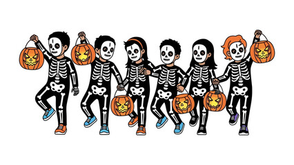 Halloween Parade: Cheerful children, donned in festive skeleton costumes, proudly parade, each clutching a Jack-o'-Lantern pail. This image celebrates the enchantment of a traditional Halloween night.