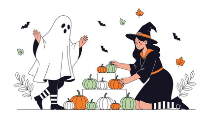 Halloween Gathering: A cheerful witch and ghost interact with pumpkins in a festive Halloween scene. perfect for evoking the playful spirit of the holiday.