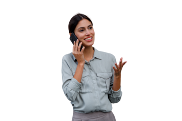 Confident businesswoman talking on smartphone, communicating and discussing with a smile on transparent background