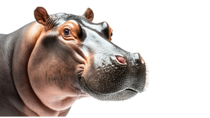 Hippo with curious expression is isolated on transparent background showcasing its textured skin and large snout