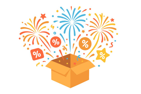 Vector illustration of a surprise box opening with exploding fireworks, confetti, and discount percentage signs. Super sale, special offer, and promotion marketing concept.