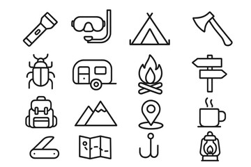 Fototapeta premium Camping and hiking line icon set. Outdoor adventure and travel symbols. Editable stroke vector pictograms of tent, campfire, backpack, mountains, map, and survival gear.