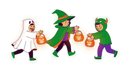 Costumed Trio Trick-or-Treating: Three enthusiastic children, dressed in whimsical costumes, gleefully embark on a trick-or-treating adventure, carrying jack-o'-lanterns.