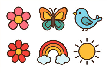 Set of cute groovy spring icons. Retro 70s cartoon vector collection with flower, butterfly, bird, rainbow, sun. Flat design graphic elements for sticker, patch, kids design.