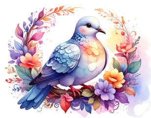 Obraz premium Decorative Dove with Watercolor Flowers and Leaves PNG