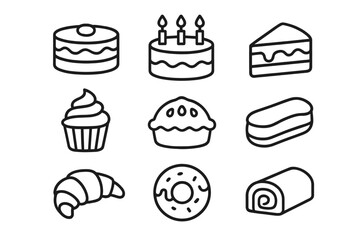 Cakes and pastries simple line icon set. Bakery, patisserie food symbols. Birthday cake, cupcake, donut, croissant, pie, eclair, swiss roll vector illustration. Editable stroke.