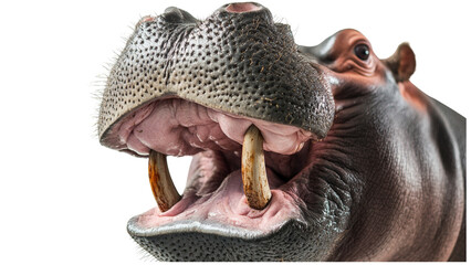Hippo with its mouth open wide is shown on transparent background, highlighting its large teeth and textured skin. image captures animal powerful presence and unique features