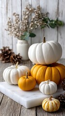 A collection of creatively designed pumpkins in warm hues sits next to a window, creating a cozy autumn atmosphere