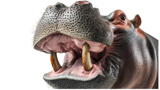 Hippo with its mouth open wide is shown on transparent background, highlighting its large teeth and textured skin. image captures animal powerful presence and unique features