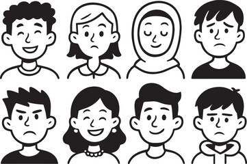 Collection of Diverse Cartoon Faces Displaying Different Emotions