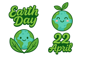 Earth Day sticker set. 22 April holiday. Cute cartoon planet with smiling face and leaves. Eco friendly concept for ecology, environment, and conservation. Green vector pack.