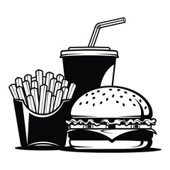 Classic burger fries and drink combo clipart simple line art for food branding and menus silhouette