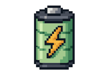 Pixel art battery icon. 8-bit retro video game asset. Full energy charge level symbol with lightning bolt. Green power accumulator. Electric object vector illustration.