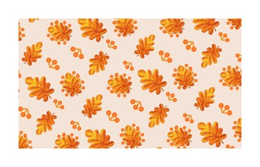 Repeating pattern, autumn leaves and fruits, oak leaf, delicate light background, for printing on textiles and paper.