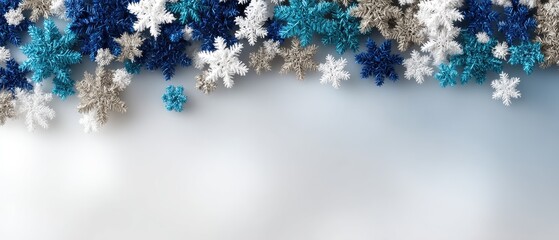 Delicate snowflakes and green elements are scattered over a bright blue backdrop, creating a cheerful winter atmosphere
