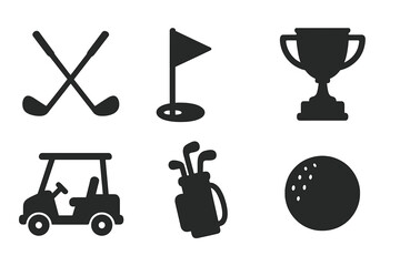 Golf equipment icon set. Sport symbols silhouette collection. Vector illustration of golf club, ball, flag in hole, cart, bag, trophy cup. Game, tournament, competition.
