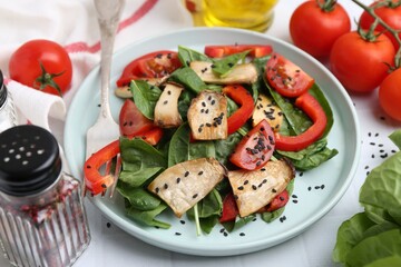 Tasty salad with eryngium mushrooms served on white table, closeup