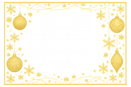 Gold christmas ornament and snowflake frame with sparkling lights, festive holiday season transparent background