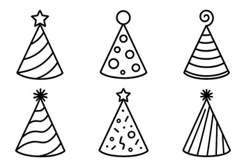 Party hat line icon set. Birthday celebration collection. Holiday fun cone caps. New year, carnival, anniversary event symbols. Doodle cartoon line art illustration, editable stroke.