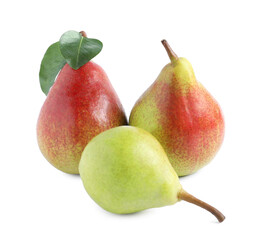 Fresh ripe pears with green leaves isolated on white
