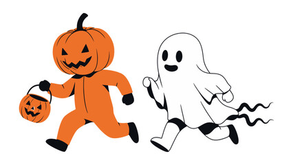 Spooky Stroll: Whimsical illustration of a pumpkin-headed character and a friendly ghost running together. The pair embodies the playful spirit of the season. 