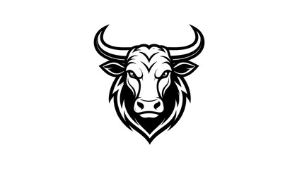 Fototapeta premium A monochrome illustration presents a bull's head from the front, showcasing its horns, face, and a stylized fur mane. The design is bold and clear