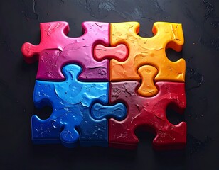 Colorful puzzle pieces arranged on a dark surface