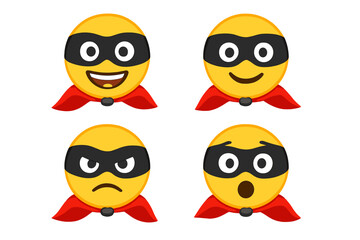 Fototapeta premium Superhero emoji set with mask and red cape, vector smiley faces showing happy, calm, angry, and surprised expressions, cartoon comic style vector illustration, transparent background