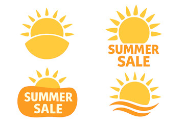 Fototapeta premium Bright summer sale sun icon set with rays and waves, vibrant orange vector design for banners, print, web design, seasonal promotion, transparent background vector illustration