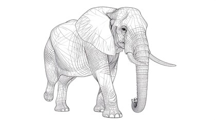 A monochrome illustration of an elephant walking forward, created with detailed shading and lines, depicting the creature's form
