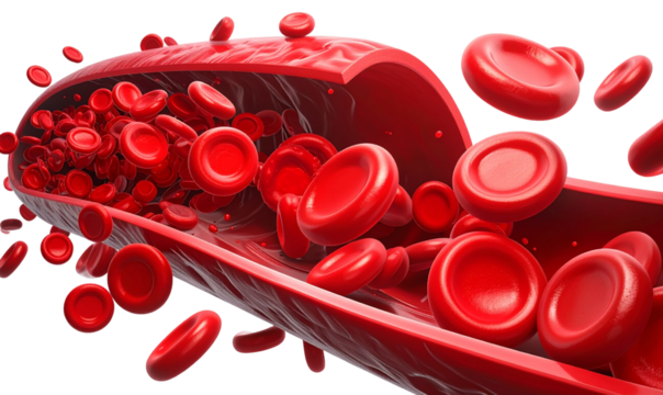 Transparent PNG Scientific Visualization of Red Blood Cells in Blood Vessel, Bright and Dynamic