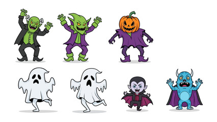 Halloween Mischief: Delight in the playful spirits of Halloween with a cheerful gathering of iconic monsters, including grinning goblins, a jack-o'-lantern head, and ghostly apparitions.