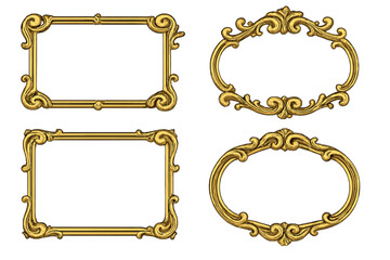 Vintage ornate gold frames set, classic decorative borders, elegant antique Victorian style vector illustration collection, seamless transparent background design, baroque style