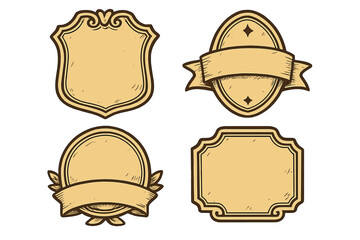 Vintage decorative frames and borders set, retro style vector cartoon illustrations with grunge texture, classic ornamental badge design elements, blank label banners, old-fashioned emblem backgrounds