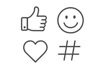 Thin Stroke Line Icons of Social Media Elements, Thumbs Up, Smiley Emoticon, Heart Symbol, Hashtag Sign, Modern Vector Illustration Set with Transparent Background for Digital Use