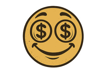 Vintage retro cute emoticon with hypnotized eyes and dollar signs, smiling yellow emoji icon representing money, wealth, financial success, investment, and prosperity concepts, vector illustration