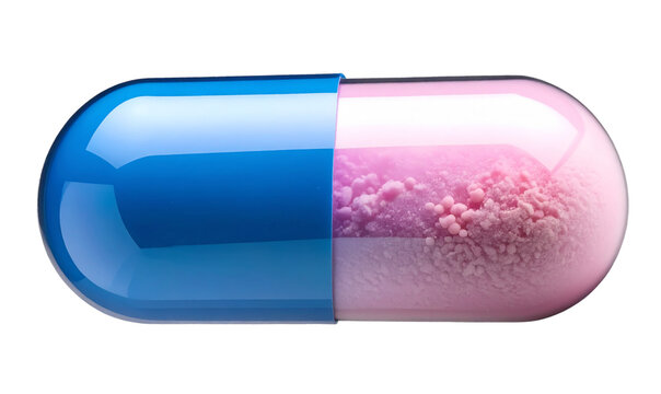 Glossy Transparent Capsule Filled with Gradient Powder, Front View, PNG Isolated background