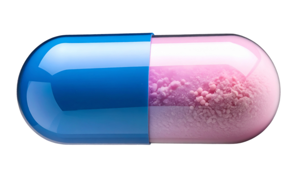 Glossy Transparent Capsule Filled with Gradient Powder, Front View, PNG Isolated background