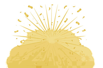Golden burst explosion vector background with shiny confetti scatter, radiant sunburst rays illustration for celebration, party, festive event design, light effect
