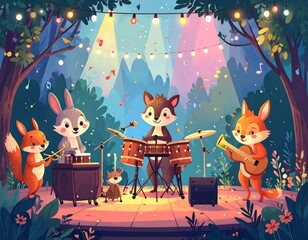 Forest animals perform music on a stage